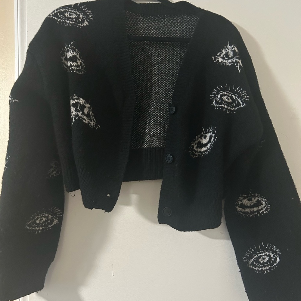 SHEIN Black Cropped Cardigan with White Eye Motif